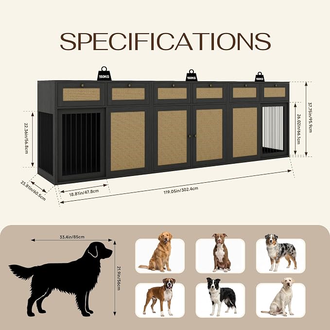 PureCozy 3-Piece Double Dog Crate Furniture, 120 Inch, Black Oak | Left and right kennels for 2 dogs plus center cane storage cabinet; metal sliding doors and 6 total drawers.