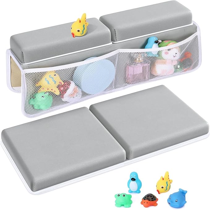 Tiikiy 1.5" Extra Thick Baby Bath Kneeler and Elbow Rest Set, Memory Foam Pad with 4 Organizer Pockets, Comfort Support for Bathing Baby & Pets - Gray Green