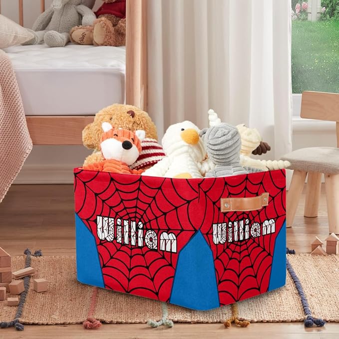 AUUXVA Custom Name Rectangle Storage Basket with Handles, Personalized Spider Web Cube Organizer Bins for Shelves Collapsible Toys Storage Box Clothes Baskets for Nursery Home Kids Room