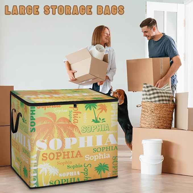 Personalized Extra Large Storage Basket with Lid, Comforters, Orange Green Palm Trees Yellow Background Bedding Storage Bin for Home, Collapsible Basket for Clothes, Moving, Car Trunk