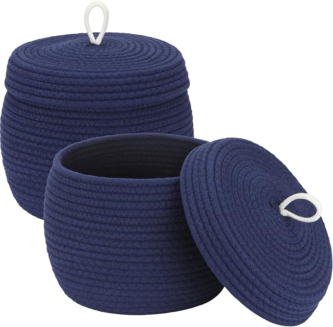 Sea Team Round Woven Cotton Rope Storage Basket with Lid, Navy, 2-Pack | Lidded Knitted Decorative Storage Bin, Pot, Caddy, Organizer, Container for Snacks, Towels, Plants, 10 x 7.5 Inches