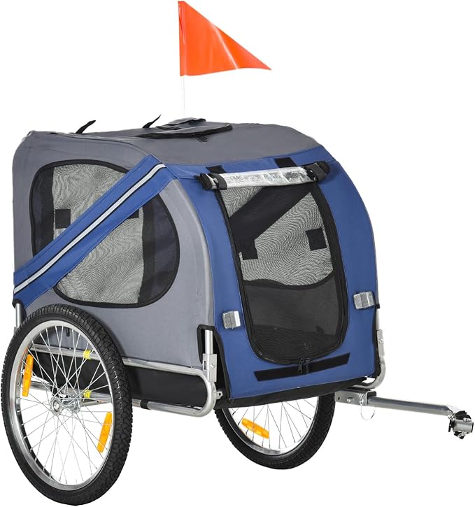 Dog Bike Trailer Pet Cart Wagon Cargo Carrier Attachment for Travel with 3 Entrances Large Wheels for Off-Road & Mesh Screen - Blue / Grey - Steel - Weather Protect - Camping Hiking Walking Cycling