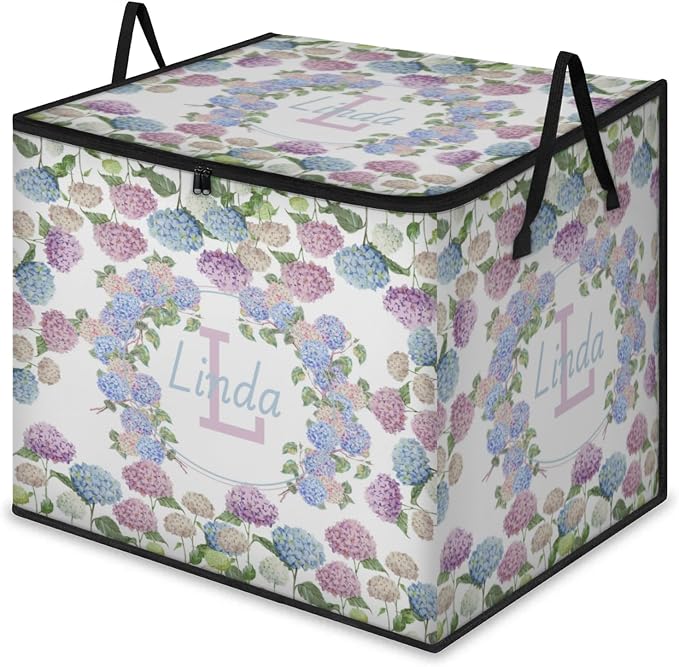 Custom Extra Large Storage Baskets with Lid, Personalized Initial Letter Storage Bins Basket Boxes Handles Clothes Blanket Bedroom Closet Organizing Shelves, Watercolor Blue Pink Hydrangea Floral