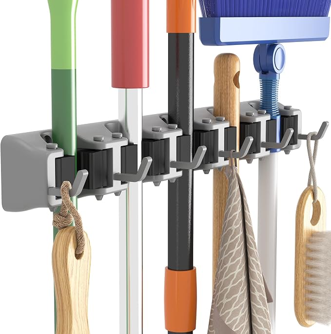 Lifewit Mop and Broom Holder Organizer Wall Hanging Mount, Gray, 1 Pack | Anti-Slip Broom Storage for Cleaning Organizer, Easy Install Tool Hanging Rack with 5 slots & 6 hooks for Kitchen, Garage