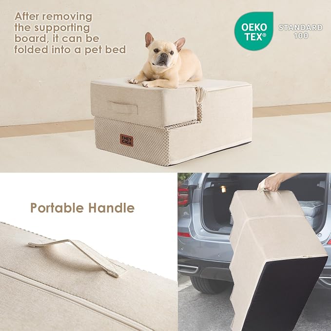 EHEYCIGA Dog Stairs for Small Dogs 13.5" H, 3-Step Dog Steps for Cats, Beige