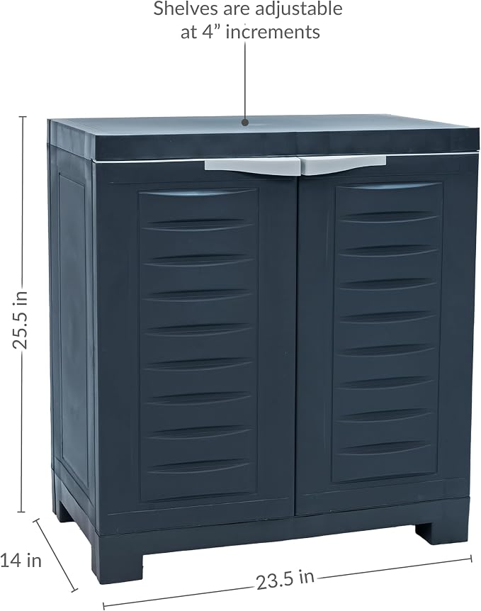Sunnydaze 25.5" Garage Storage Cabinet with Adjustable Shelf, Charcoal | Heavy Duty Resin Storage Cabinet Resists Rust & Peeling, Easy-Clean Utility Cabinet with Doors for Garage, Closet, Office