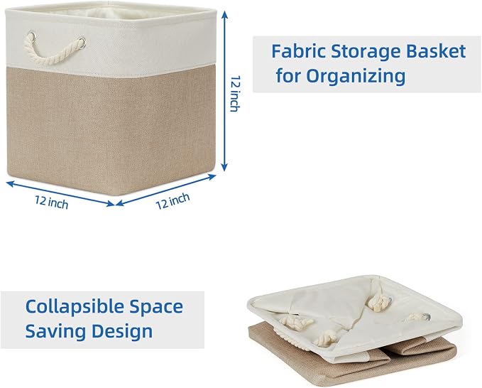 Temary 4 Pack Cube Storage Bins Cloth Baskets for Shelf, Fabric Storage Cubes 12 x 12 Baskets Gift Empty Basket with Handles, Basket for Storage (White&Khaki)
