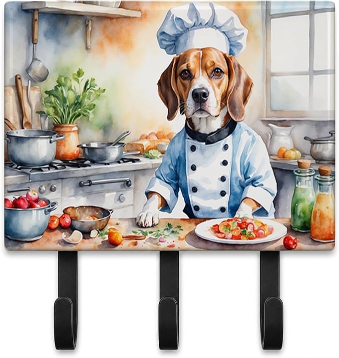 Caroline's Treasures Beagle The Chef Leash or Key Holder Wall Hooks, Key Hooks Holder, Coat Rack Wall Mount, Coat Hooks, Hooks for Hanging Keys, Towels, Aprons, Leashes | Beagle The Chef artwork on ceramic tile with three steel hooks for keys, leashes,...