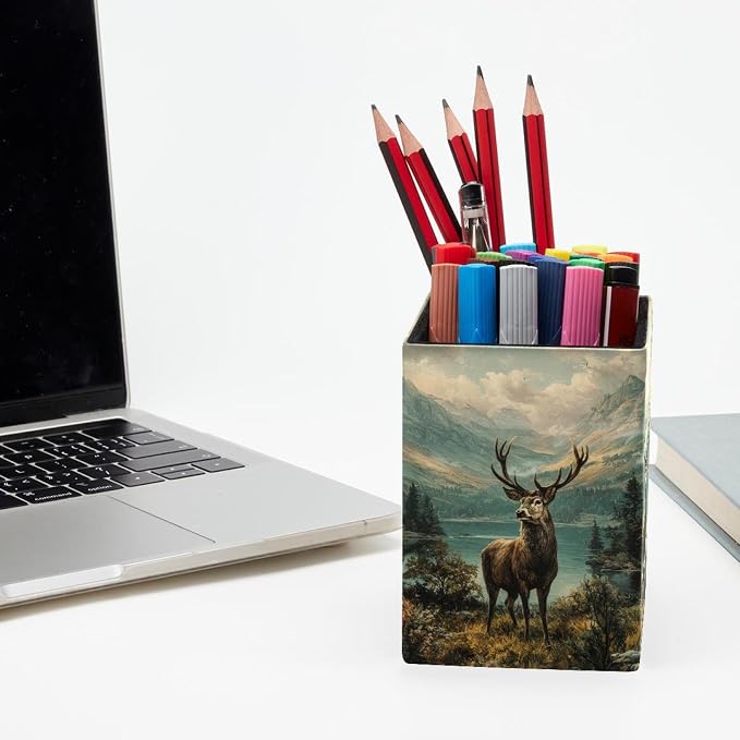 Retro Deer Pen Holder for Desk Decor, Rectangular PVC Leather Pencil Cup for Desk Pen Organizer, Makeup Brush Holder for School, Home, Office