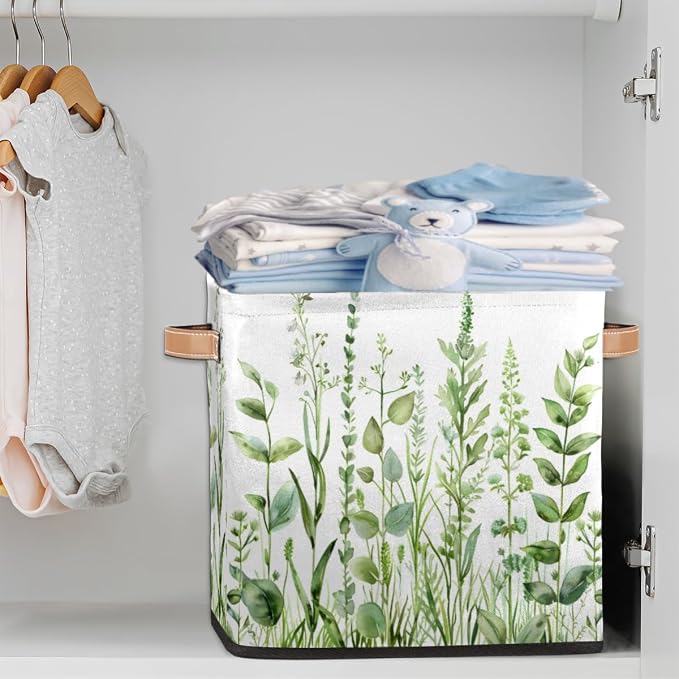 Sage Green Leaves Cube Storage Bin, 13 Inch Collapsible Fabric Storage Bin, Spring Eucalyptus Foldable Cube Baskets for Shelf, Closet, Organizer