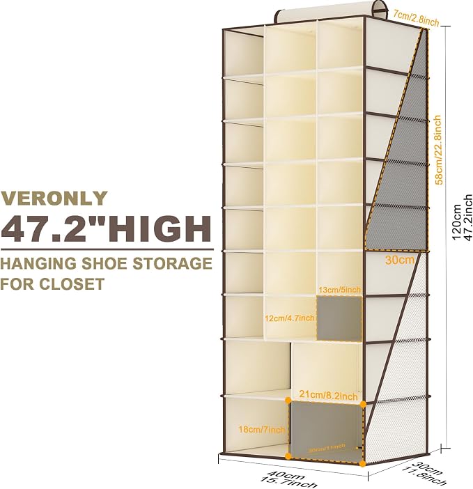 Hanging Shoe Organizer for Closet-Collapsible Storage Rack with 25 Sections & 4 Side Pockets, Hanging Shoe Shelves for Hats,and Clothes, Beige