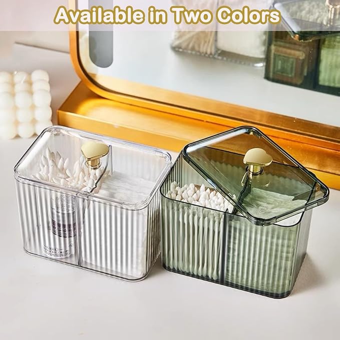 2 Pack 3-Section Clear Qtip Holder with Dustproof Lid, Bathroom Cotton Ball and Qtip Organizer, Cotton Swab Container for Vanity Canisters Jars for Countertop Storage and Organization (Clear-Green)