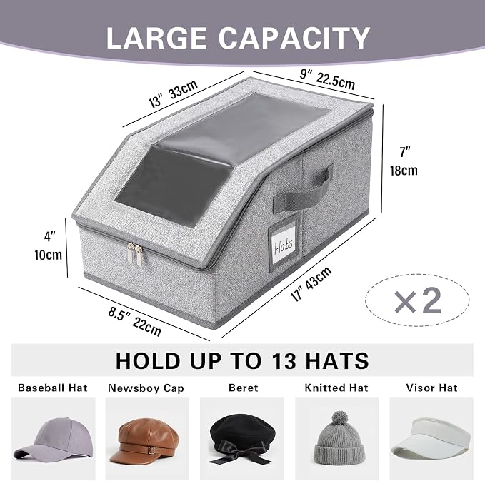 Furlide Hat Organizer for Baseball Caps, 2 Pack Stackable Storage Boxes | Protects 24-30 Caps From Dust and Pet Hair; Stackable Base, Clear Window, Front Opening and Handles Simplify Closet Storage.