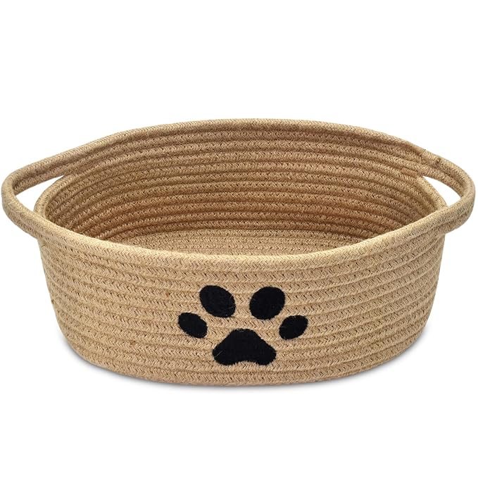 ABenkle Small Woven Basket with Handle, Cute Dog Baskets for Gifts Empty, Decorative Rope Woven Storage Dog Toy Basket, Nursery Baskets for Baby Shower, 12" x 8" x 5"