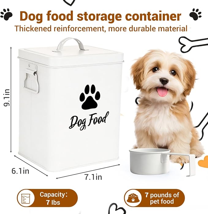 Dog Food Container 6.6lb, Cute Airtight Pet Treat Storage Containers with Metal Lid Scoop, Metal Storage Bin for Dog/Cat Durable Airtight Great Gift for Pet Owners-White