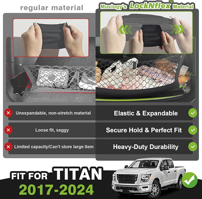 Muslogy Cargo Net for Nissan Titan 2017-2025 2026 Accessories | Custom Fit, Truck Bed Storage Organizer Net for Pickup Truck Bed Divider, Heavy Duty Carabiners, Night Visible Grab Handle
