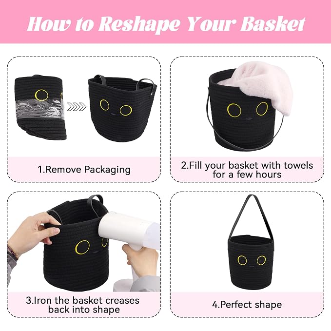 Cute Basket Black Cat Cotton Rope Basket (7.8"x7", 2PCS)