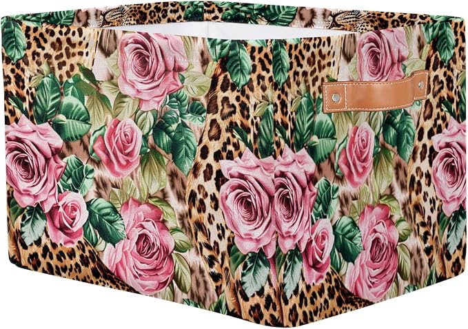Leopard Print Floral Flower Storage Basket Storage Cube Basket Bins | Collapsible Cloth with Handles Rectangular Toys Nursery Bedroom Home Office