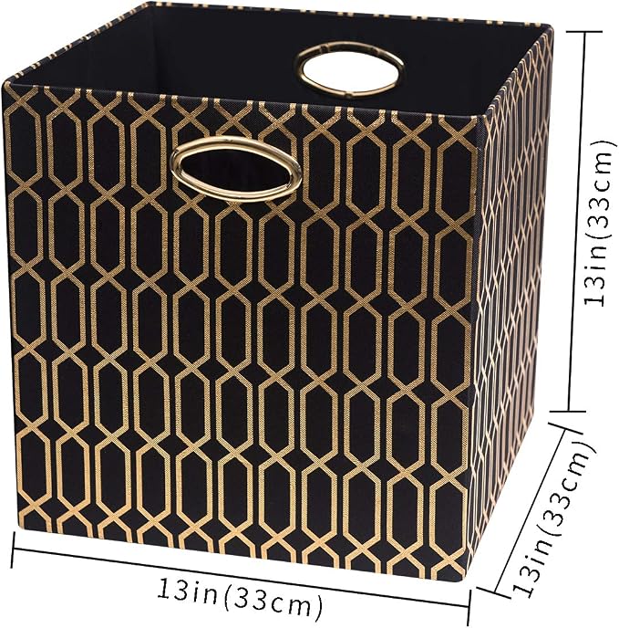 Posprica Storage Bins, Storage Cubes,13×13 Fabric Drawers Organizer Basket Boxes Containers (13×13×13/4pcs, Black/gold geometry Pattern)
