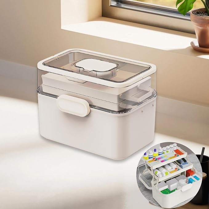 Portable Medicine Box Multi Layer Organizer, 11.2x6.7x8.3 inch, White PP & PET Material for Bathroom Office Travel