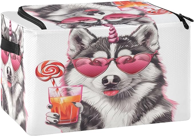 Foldable Storage Bin Dog with Glass Of Juice Sturdy Under Bed Storage Container with Clear Window and Handle