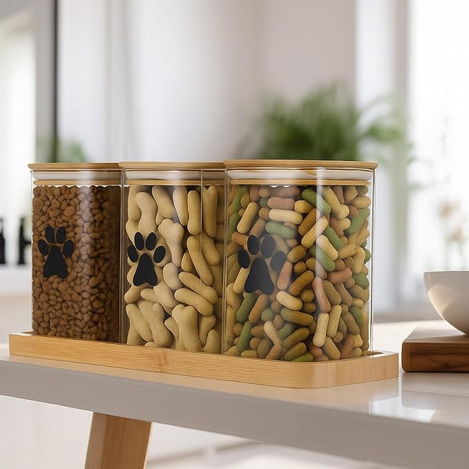 3 Pack Airtight Dog Treat Containers with Bamboo Lids, 37 oz Pet Treat Jars | Dog Food Organizer, Food Holder with Bamboo Lids, Wood Tray, Scoop, Labels, Pen, Dog & Cat Treat Container for Countertop