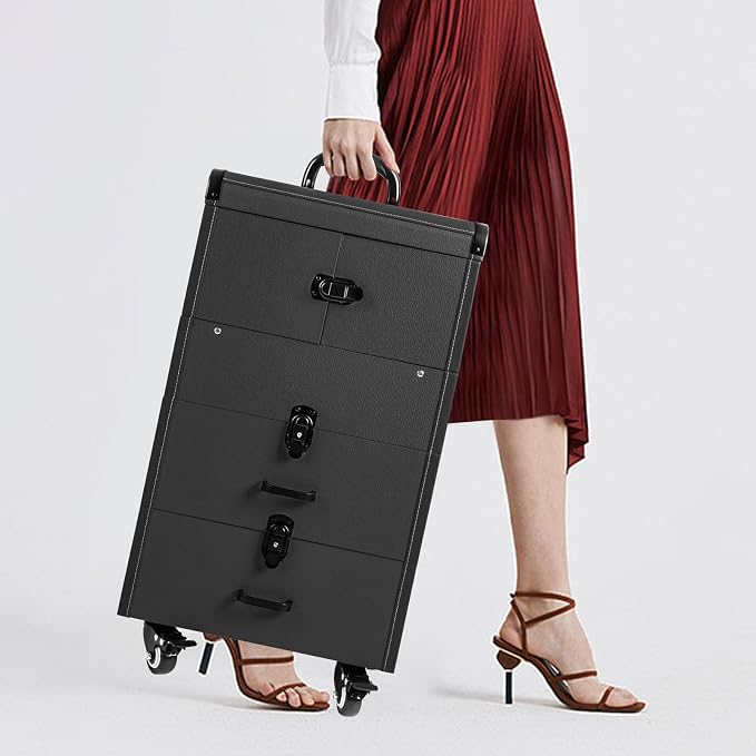 Large Rolling Makeup Case w/Mirror for Professionals,14.57 * 9.45 * 25.98in Rolling Makeup Train Case ,4 Trays & 2 Drawers,Lockable Cosmetic Organizer for Salon,Home, loading 110.23 lbs (black#2)