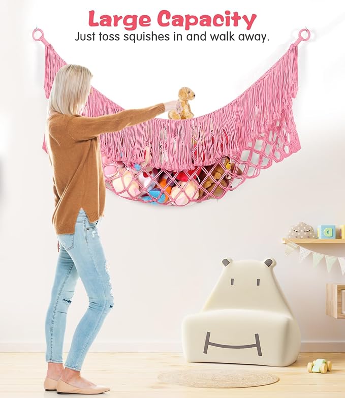 Stuffed Animal Hammock - Extra Large 56'' Long (Pink) | Premium Cotton Hand-knitted, Beautiful Long Tassel, Storage Hanging Organizer, Can Fit Stuffed Animals 30 Piece or More