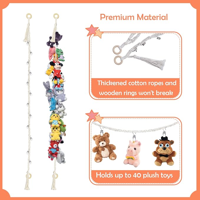 80" 2 Pack Cotton Hanging Storage Chain for Stuffed Animals Storage with 40 Metal Clips Stuffed Animal Organizer Chain for Wall Corner Nursery Play Room