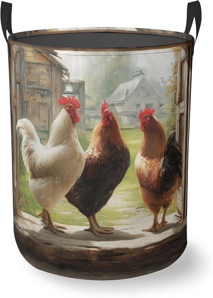 Retro FarmhouseRooster Laundry Basket With Handles Tote Bag Oxford Cloth Funny Laundry Hamper Clothes Storage Bucket Toy Organizer 16" X 20.8"For Bathroom/Laundry/Bedroom