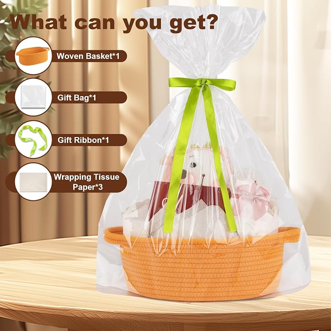 OIAHOMY Gift Basket with Handle, Small Woven Basket with Gift Bag, Ribbon and Wrap Tissue Paper, Nursery Bins Empty to Fill with Small Items, Baby, Pet Toy Organizer - Orange