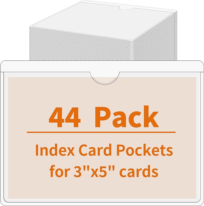 44 Pcs Storage Bin Labels, 3×5 in Index Card Holder, Clear Adhesive Pockets | Strong Adhesive, Waterproof & Clear, Removable with No Residue, for Tote Bin Box Drawer, Library Classroom Organization