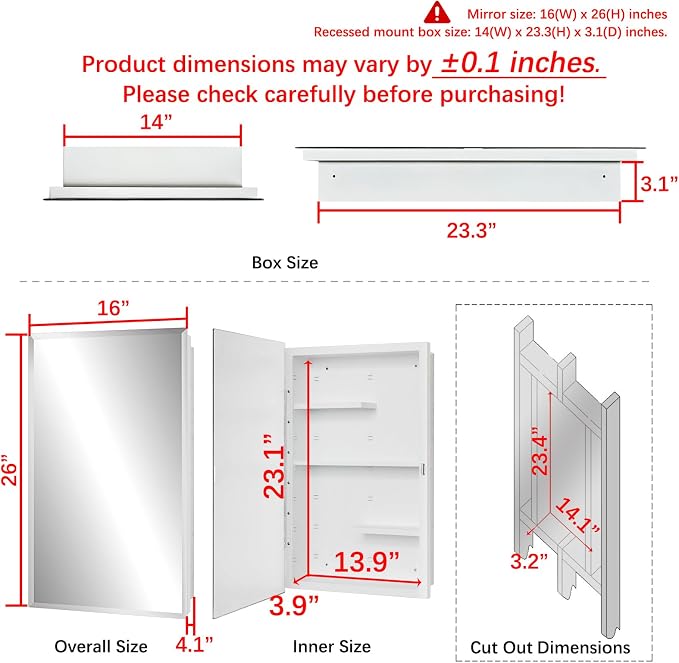 White 16x26 Medicine Cabinet, Beveled Mirror & Adjustable Staggered Shelves | Recessed or Surface Mount Bathroom Cabinet with Adjustable Staggered Shelves, Piano Hinge, Left/Right Swing & Fully Assembled