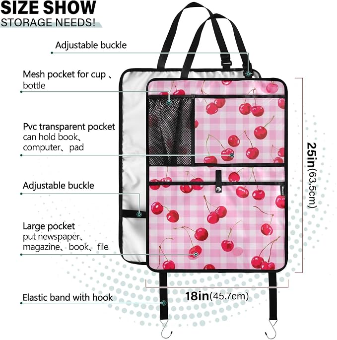 2 Pack Back Seat Car Organizer with Storage Pockets Kick Mats Back Seat Protector Hanging Car Organizer Automotive Seat Back Cover Organizers Pink Juicy Checkered Cherry