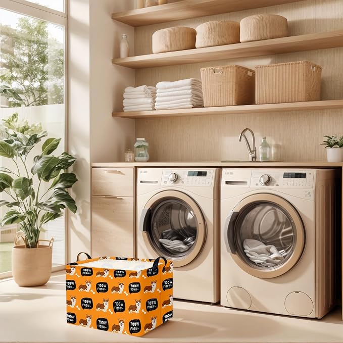 Woof Dog Basket Storage Bin, Orange | For Chew Toys, Pet Supplies Organizer, Pet Organizer, Dog Room Decor