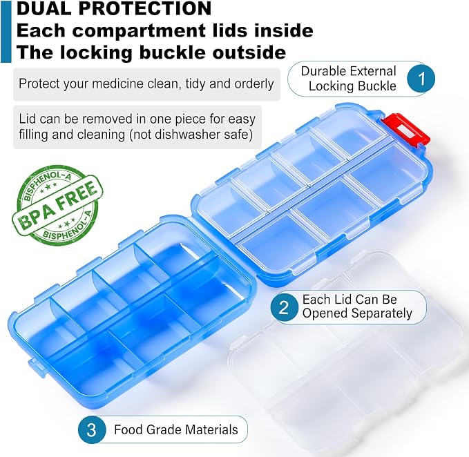14 GRIDS Travel Pill Organizer Box with Labels - Travel Medicine Case Kit - Pocket Daily Pharmacy Container - Travel Medication Holder Dispenser for Fish Oil Vitamin Supplement Storage - Clear Blue