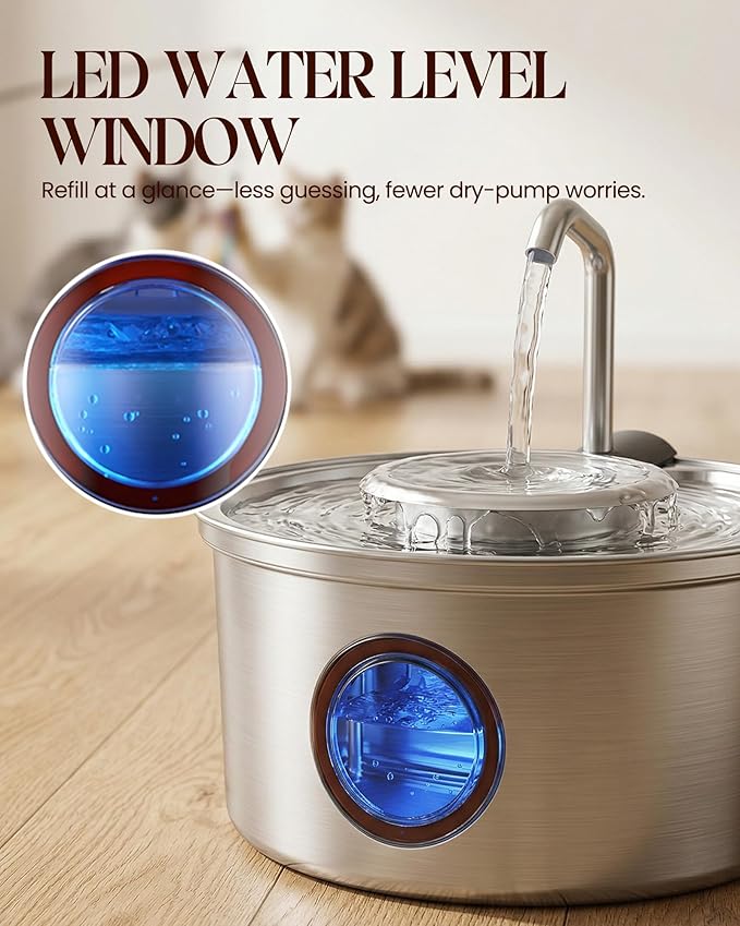 Cat Water Fountain,108oz/3.2L Stainless Steel Cat Fountain and Removable Water Bowl,Pet Fountain with Water Level Window,Quiet Pump,Multi-Filter, Water Tap, Provides Flowing,for Dog Cats