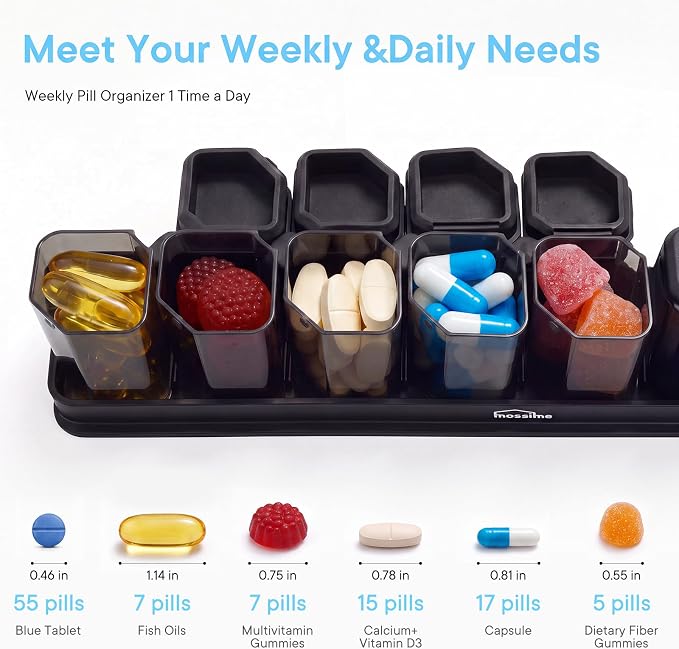 Medium-Large Weekly Pill Organizer 1 Time a Day, 7 Day Pill Box, Black | BPA-Free, Spill-Resistant, Detachable 1-a-Day Boxes, for Vitamins & Medication, Travel-Friendly, Velvet Pouch