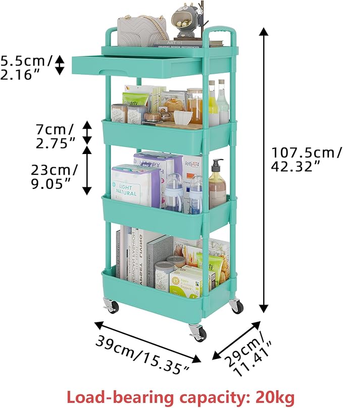 Calmootey 4-Tier Utility Cart with Drawer & Wheels, Storage for Home,Office | Space-Saving Organizer, Sturdy Plastic Shelves, Smooth-Rolling Metal Wheels, Built-in Drawer for Small Items, Green