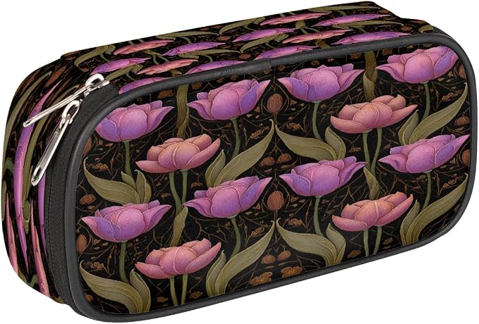 Pencil Case Large Capacity Pencil Bag Vintage Pink Purple Tulips Pouch Box Organizer Pen Case, School Supplies for Teen Adult
