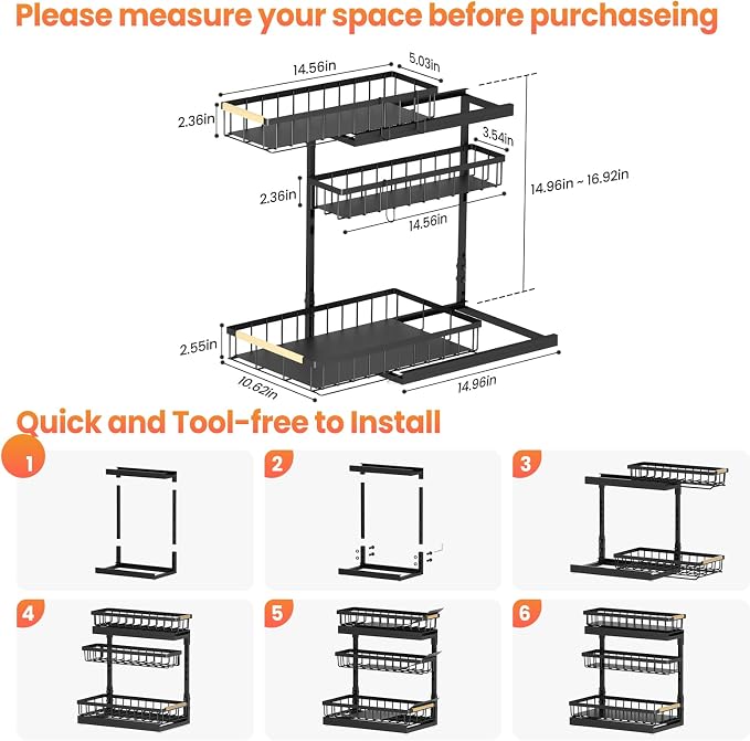 Under Sink Organizer and Storage for Bathroom and Kitchen - 2 Pack 3 Tier | Under Cabinet Pull Out Shelf Organizers - Slide Out Drawer Organization for Home Cabinets Shelves and Drawers