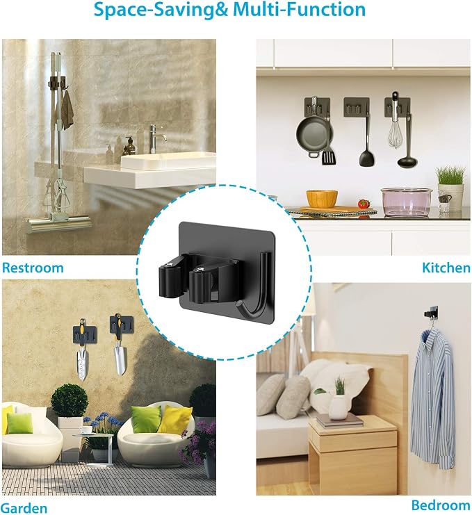 homeasy Broom Holder Wall Mount 6Pcs, Self Adhesive Mop Broom Hanger Black | Self adhesive stainless steel broom organizer with 4 hooks, holds mops, brooms and garden tools without drilling