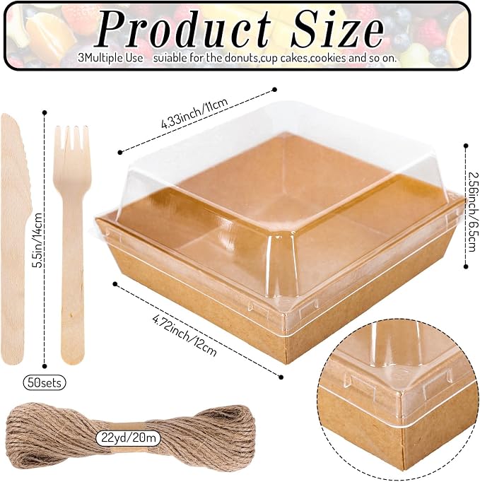 Whaline 50Pcs Small Charcuterie Boxes with Clear Lids Kraft Mini Dessert Boxes with Forks and Knives 5 Inch Square Disposable Food Containers for Sandwich Cookie Sushi Cake Slice Strawberries