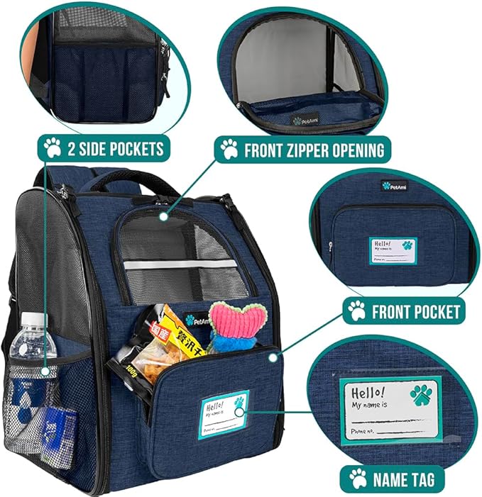 PetAmi Dog Backpack Carrier Airline Approved Cat Pet Puppy Bag, Navy | Ideal for Small Medium Large Pet up to 18 lb, 2 Side Entry Structured No-Collapse Frame, Ventilated Bookbag for Hiking Travel