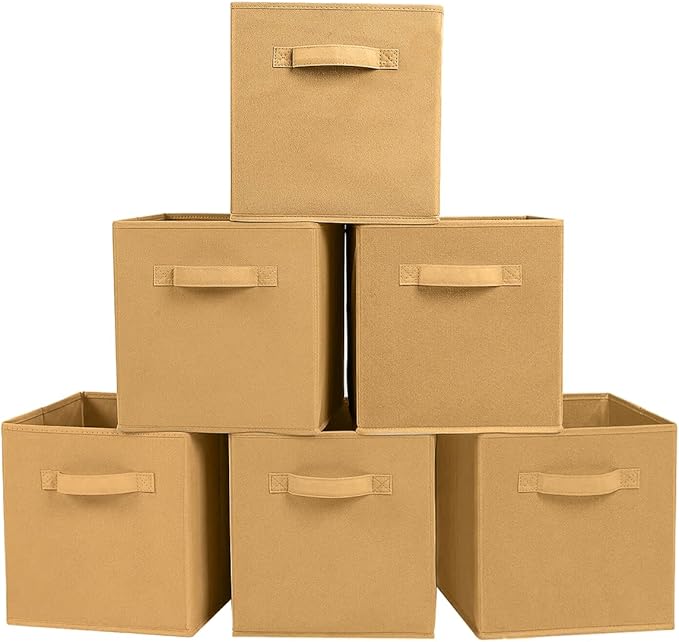 PowerKing Collapsible Storage Cubes, Farbic Storage Bins, Khaki, 6 Pack | Sturdy, Lightweight, Easy Pull Handle, Closet & Shelf Organizer, Clothes and Toys Storage, 10.5'' x 11'' x 10.5''
