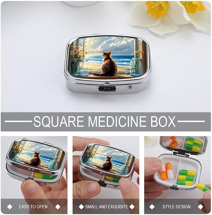 Cat On Windowsill Durable Metal Pill Case for Daily Use, 2 Slot Medicine Box Organizer,Leak Proof Travel Pill Container for Vitamins, Compact Pocket Medicine Holder for Seniors,Holiday Gift