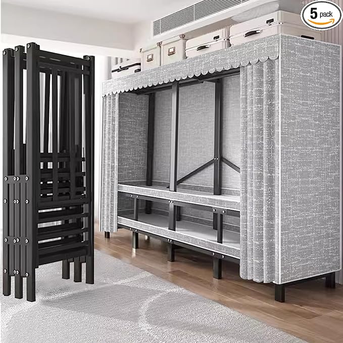 FPIGSHS 75in Portable Wardrobe Closet Rack 1100lbs Heavy-Duty Foldable Garment Rack With Cover Freestanding Covered Clothes Organizer System enclosed Armoires For Hanging Clothes For Bedroom (75in)
