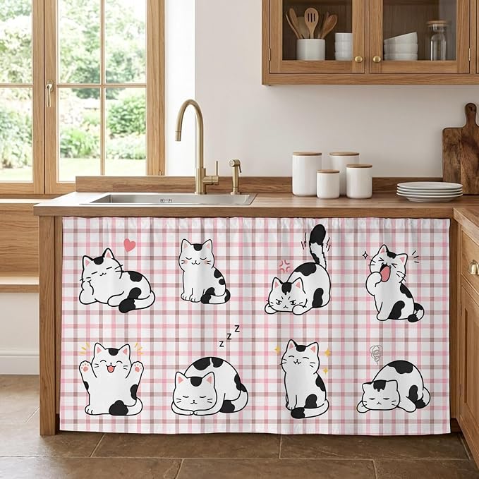 Cute Cat Cabinet Curtains 28"x51" Sink Skirt for Bathroom Kitchen, Modern Playful Pet Cats Pink Brown Plaid Self Stick Adhesive Under Desk Covers Tall Laundry Cabinet Storage Organizer
