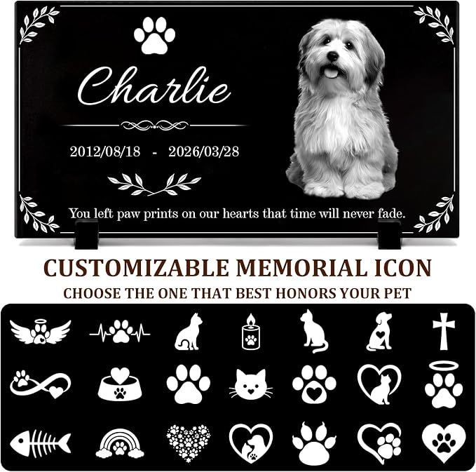 Personalized Pet Memorial Stone, Custom Granite Pet Grave Marker | for Dogs & Cats , Engraved Memorial Plaque with Photo Name Dates & Message, Indoor Outdoor Garden or Tabletop Display