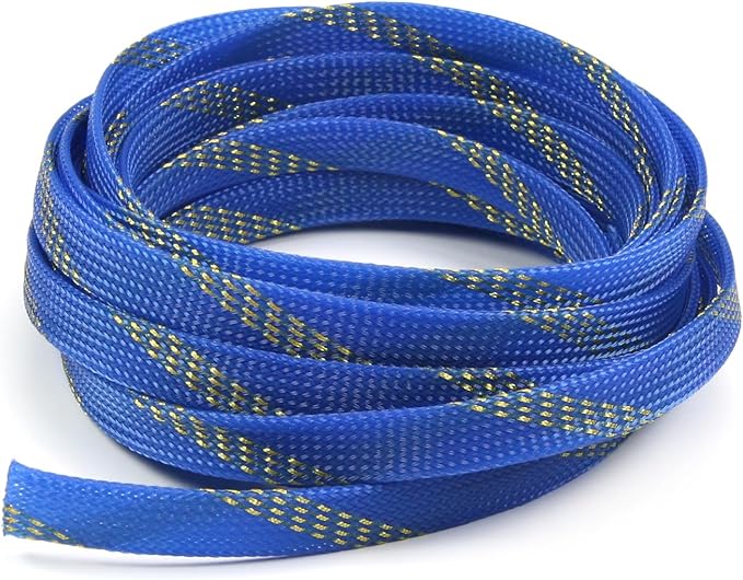 Jutagoss PET Expandable Braided Cable Sleeve, 16.4ft - 1/2 inch Blue Gold Cable Management Sleeve, Wire Loom Tube Cord Protector for USB Cable, Power Cord, Audio Video and More, 1Pc
